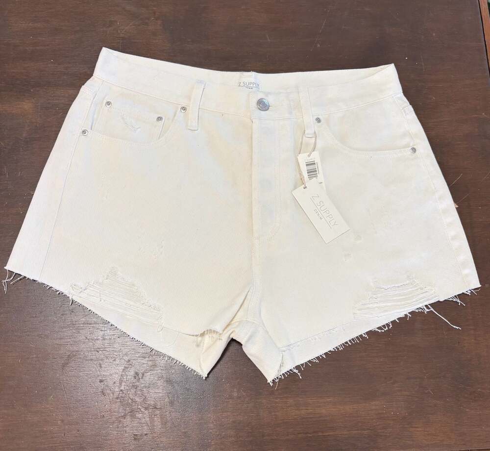 NWT Z Supply Classic Hi-Rise Distressed Denim Shorts in Off White
